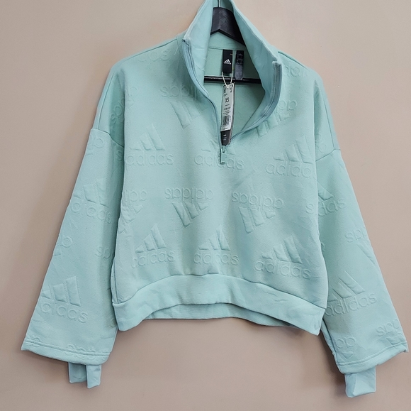 adidas Women's Aeroready Logo Jacquard Half-Zip Sweatshirt green tint in color - Picture 7 of 16